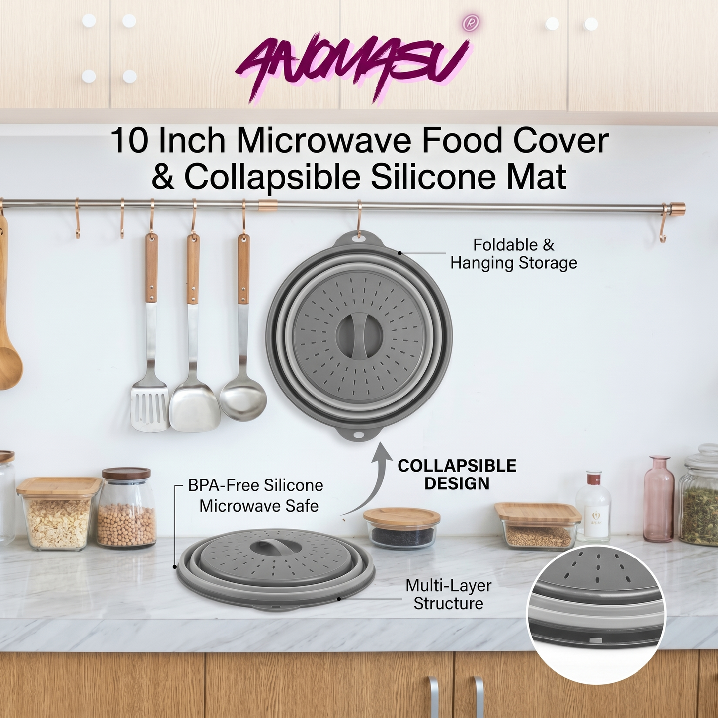 Anomasu® 10 Inch Microwave Food Cover & Collapsible Silicone Mat